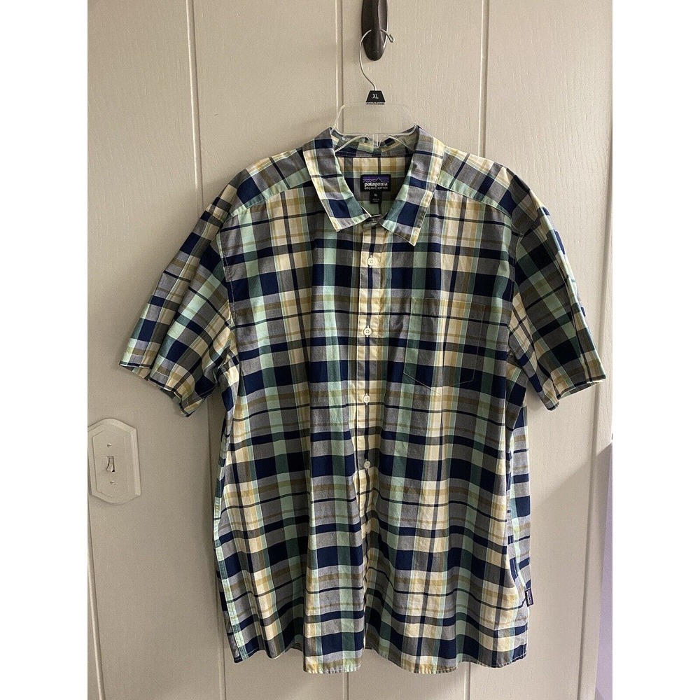 Patagonia Shirt Mens XL Green, Yellow, Teal, Plaid Short Sleeve Button Down